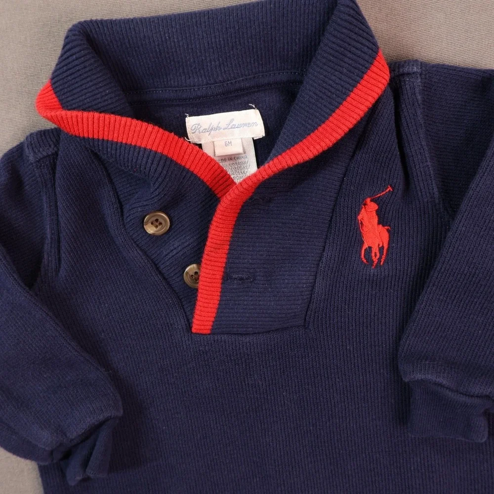 Ralph Lauren Coverall Boys 3-6M Blue Knit Collared Footed One Piece Polo Logo